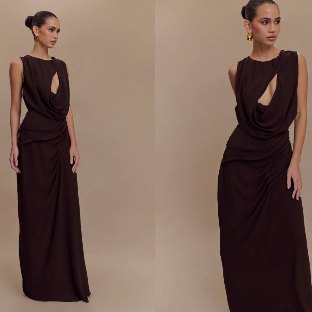 NWT Meshki Orai Chiffon Maxi Dress - Cacao Brown - Picture 2 of 10